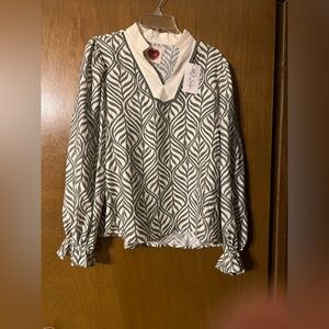 Elegant Leaf Print Blouse - Black and White